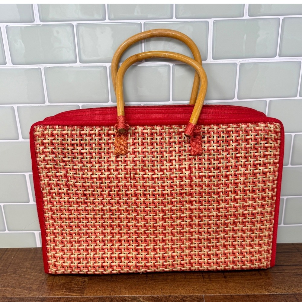 Vintage‎ Red Woven Straw Portfolio Attache Case Bag
